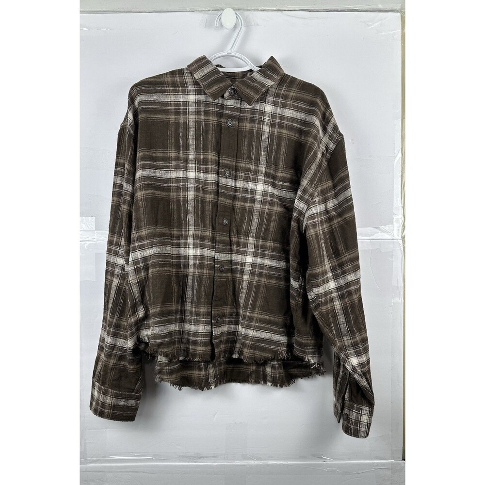 Abercrombie & Fitch Women's Cropped Flannel Shirt Sz L Brown Plaid Raw Hem